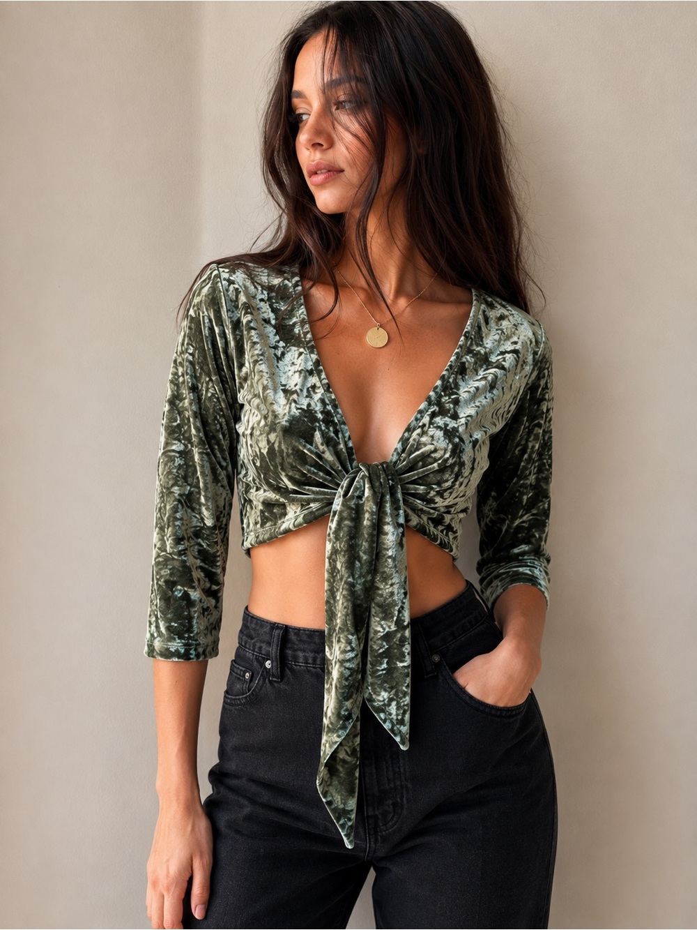 Tribal Olive Green Crushed Velvet Tie-Front Crop Top
